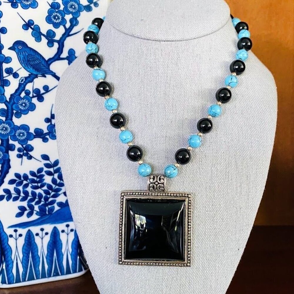 Vintage Gsj 925 Sterling Black Onyx And Turquoise Pendant Necklace